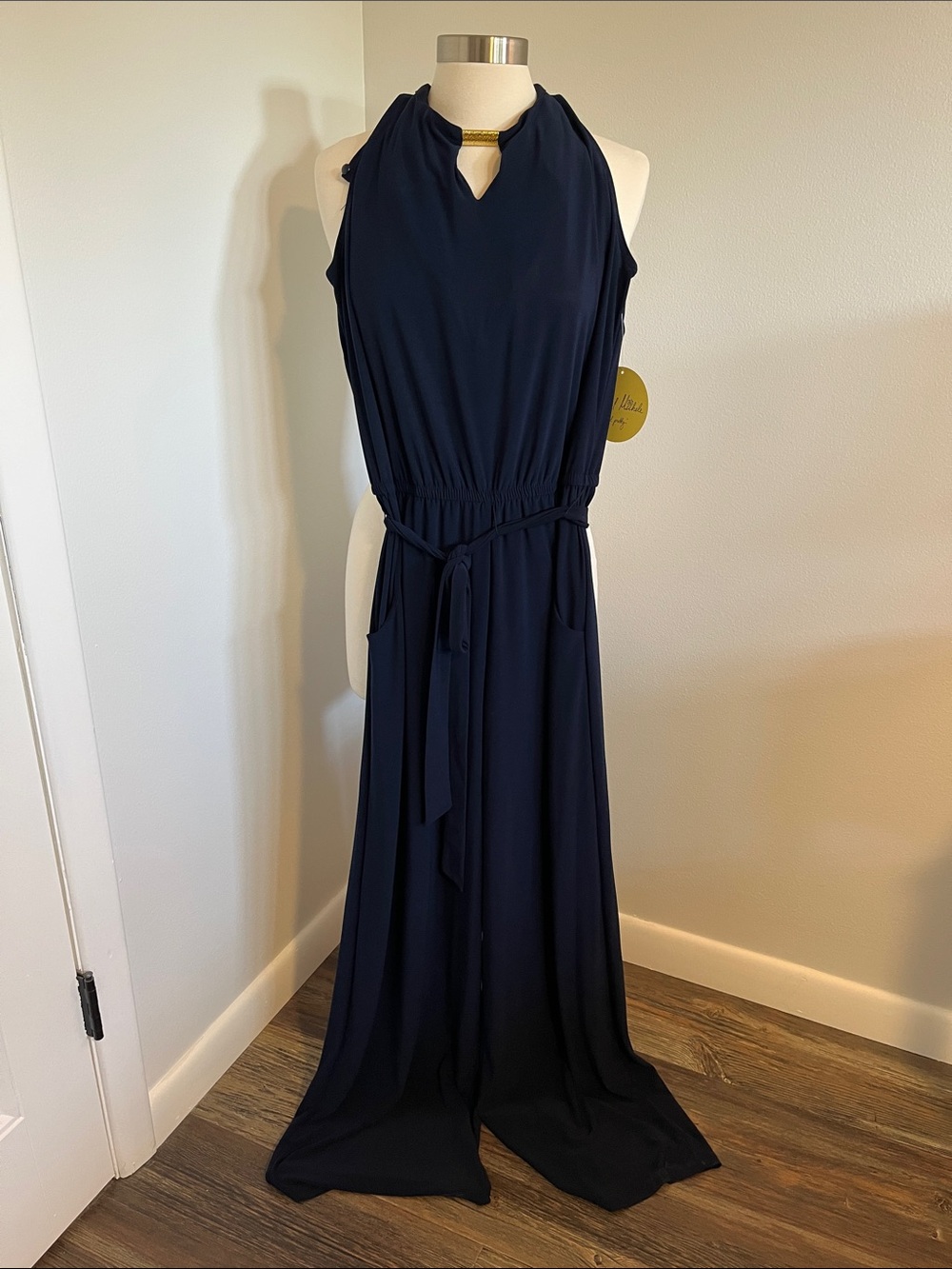 Sleeveless Navy Halter Jumpsuit with Waist Tie